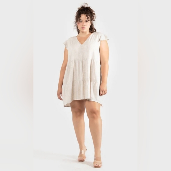 Linen Babydoll Mini Dress Light Birch/Oatmeal Large - Picture 1 of 8